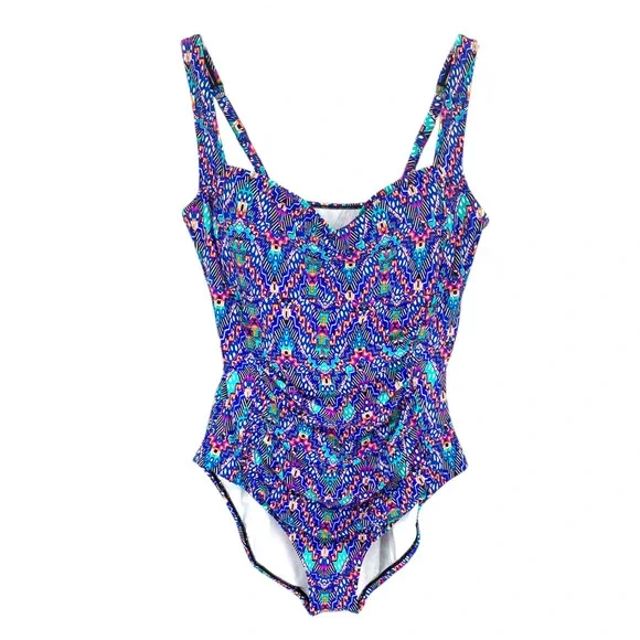 NWT Swim Solutions Sz 18 Tummy Control Shirred Tribal Print One Piece Swimsuit - Picture 2 of 9